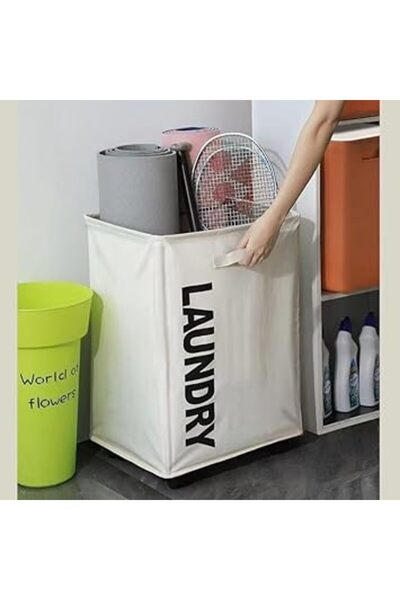 The Bros صندوق تخزين قماشي قابل للطي مع عجلات - منظم سلة غسيل بيضاء وسجادة يو...