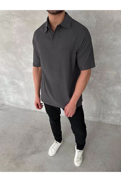 SuQ Collared Placket Short Sleeve T-Shirt - Anthracite