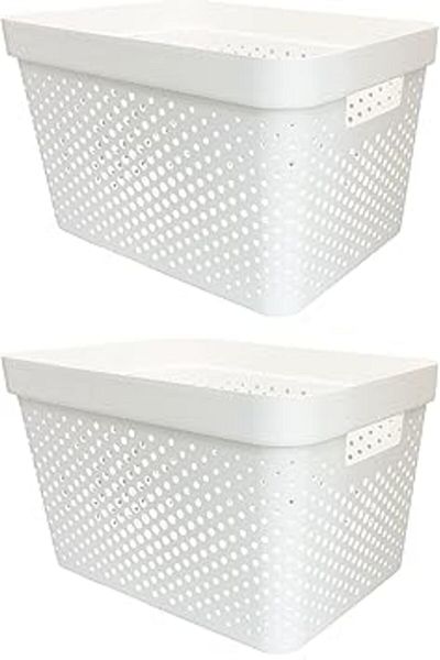 The Bros 2 Pack - White Basket Laundry Pantry Cupboard Storage Organizer Box Bin (Large)