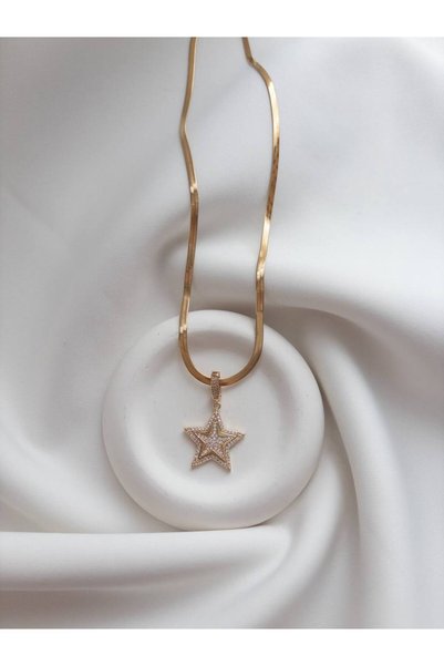 Minne Jewelry-Accessory Steel Italian Crushed Chain Star Necklace - Star Stone Detailed Necklace - Steel Star Necklace