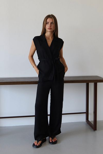Mogi Butik Women's Belted Vest Palazzo Linen Blended Woven Suit 3080