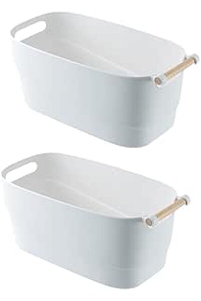 The Bros مجموعة منظم أدراج من قطعتين - صناديق بلاستيكية متينة بمقابض خشبية لتخزين الأغراض المنزلية والحمامية