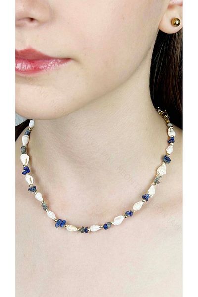 Neon Takı by Atalay Sensitivity Tag and Seashell Necklace 427, Blue - White