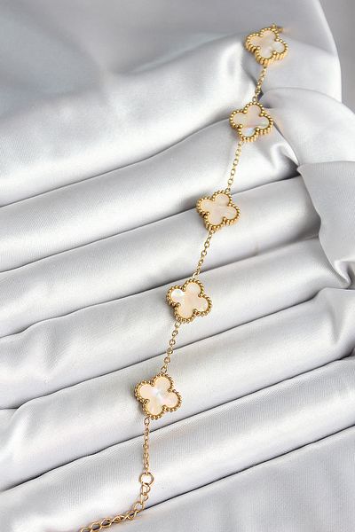 Toptan Bulurum 316L Steel Pearlescent Off White Gold Color Clover Women's Bracelet