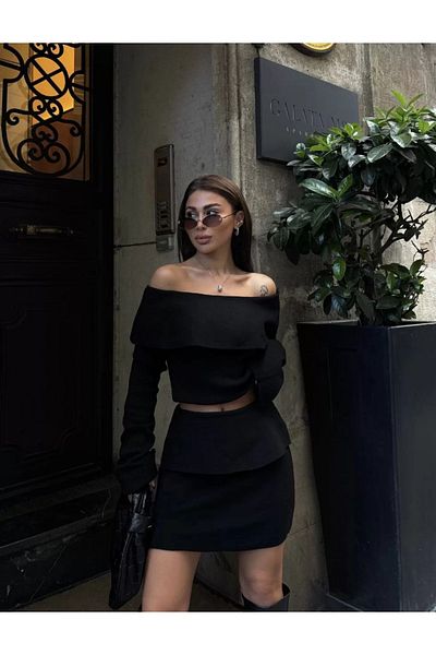 SuQ Strapless, madonna, carmen collar cropped mini skirted double set knitwear - black