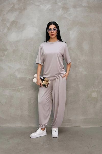 SuQ Osy Modal Soft Textured Fabric Oversize Crew Neck T-Shirt Jogger Sweatpants Tracksuit Set - g