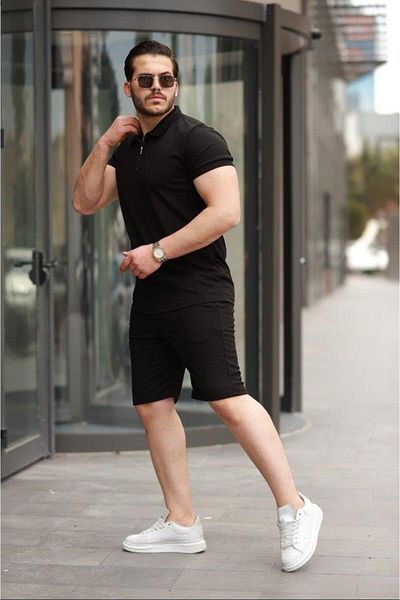 modamtn Men's Collared Zippered T-Shirt Shorts Double Set