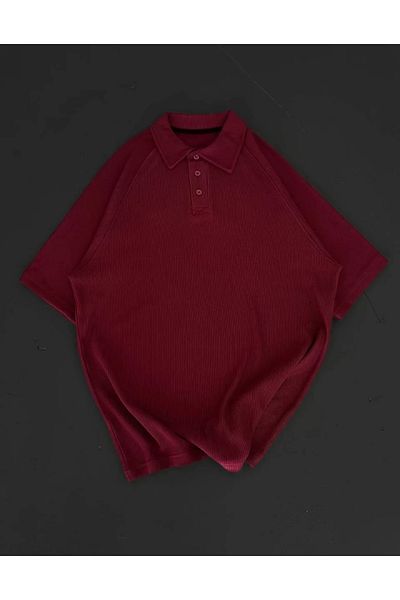 SuQ Collared Placket Short Sleeve T-Shirt - Claret Red