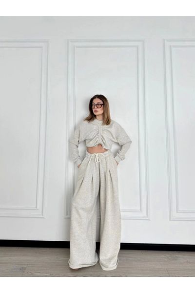 modamtn Long Sleeve Front Drawstring Crop and Trousers Double Set - Gray