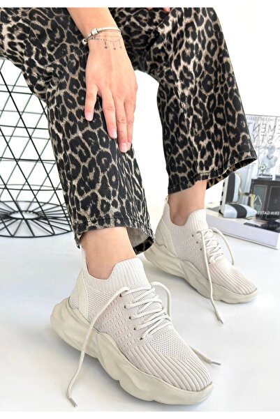 AyakabıMod Henta Beige Knitwear Lace-Up Sports Shoes