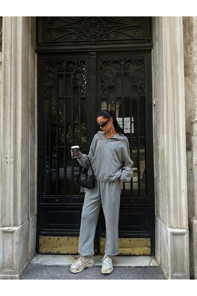 SuQ Washable Two-Thread Fabric Collar Zippered Oversize Tracksuit Set - Gray