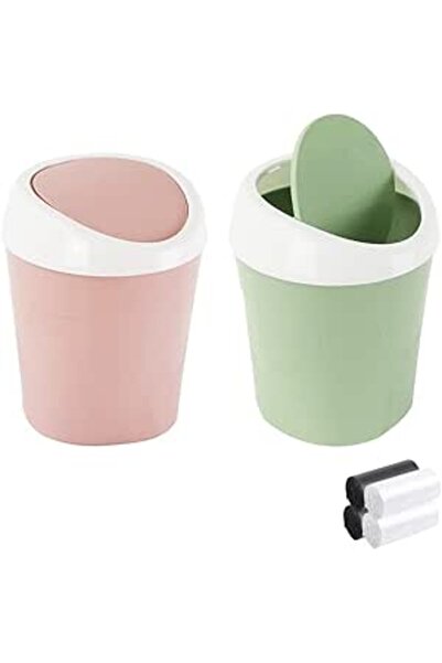 The Bros سلة مهملات صغيرة مع غطاء و120 كيس، تصميم ضغط علوي، سلة مهملات صغيرة (أخضر + وردي)