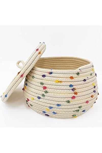 The Bros Small Round Woven Basket with Lid – Colorful Pom Pom Toy & Gift Orga...