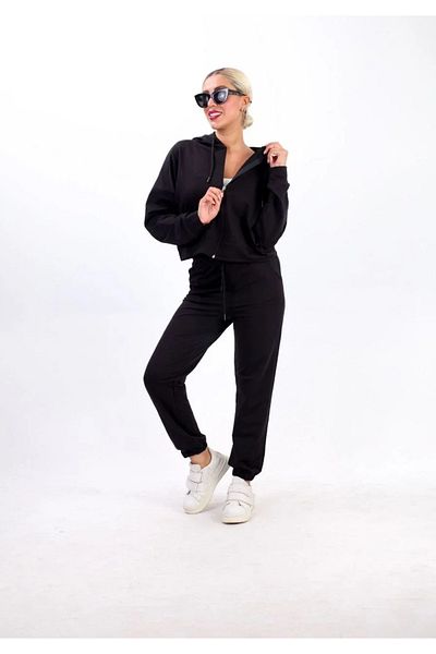 SuQ Two-Thread Hooded Zippered Crop Oversize Cardigan Set - Black