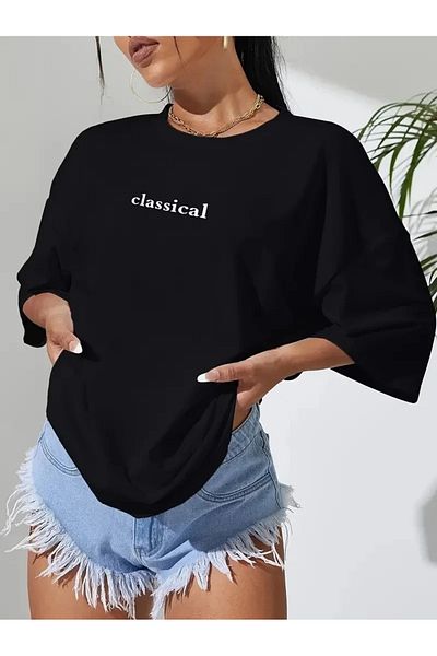SuQ 20/1 Combed Compack Classical Printed Black Oversize T-Shirt - Black