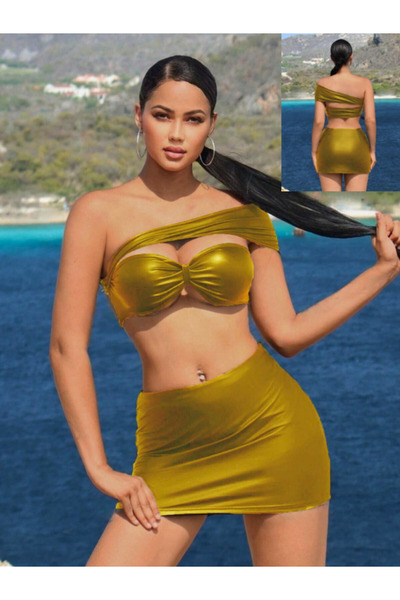 KissBump Altın Deri Etek Büstiyer Takım Gece Kulübü Elbise Gecelik