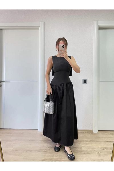 SuQ Crepe Back Wing Back Front Long Women's Dress with Pen Detail - Black