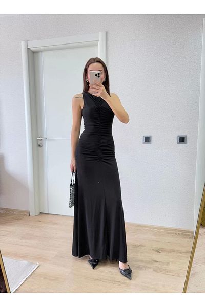 SuQ Bürümcük Fabric Lined Inside Drawstring Sleeveless Gathered Long Dress - Black