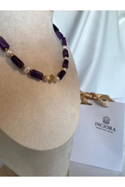 İNCİORA JEWELRY DOĞAL AMETİST TAŞLI İNCİ KOLYE