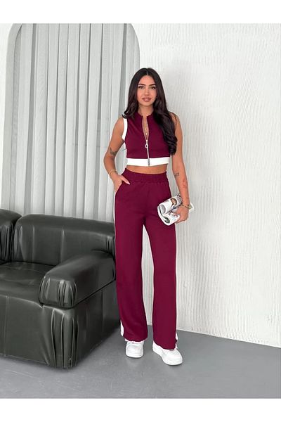 SuQ Osy Modal Soft Textured Fabric Full Zipper Crop Pantalon Double Set - Claret Red