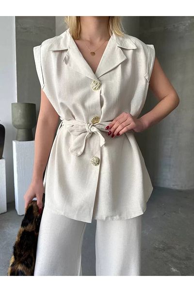 SuQ Linen Zero Sleeve Belted Jacket Trousers Double Set - White