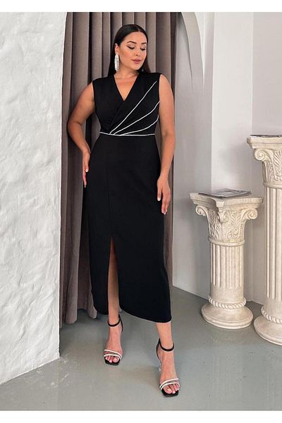 FOR ESRA BIG TREND Women's Plus Size Double Breasted Collar Stone Stripe Detail Front Slit Sleeveless Stretchy Evening Dress