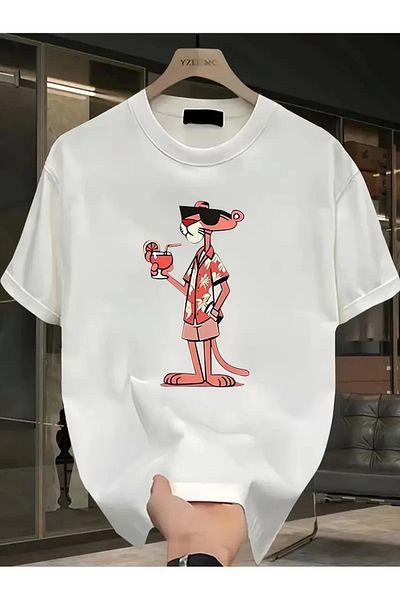 SuQ Men's Oversized Casual Short Sleeve T-Shirt with Pink Panther Print Is Perfect for Spring and Summer - White