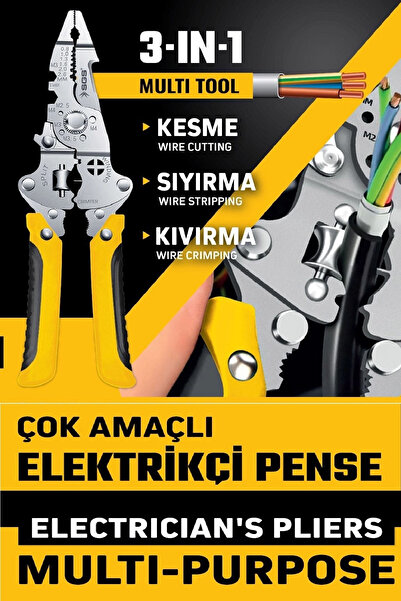 BİTERSE 3’ü 1 Arada Çok Amaçlı Elektrikçi Pensesi Kesme-Sıyırma-Kıvırma