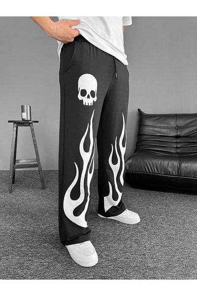 SuQ Two Thread Fabric Printed Elastic Waist Pipe Leg Baggy Bottom Tracksuit - Black