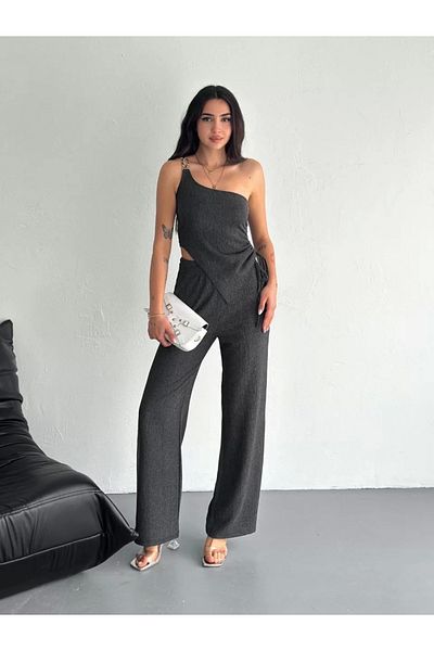 SuQ Asymmetrical Crop Pants and Trousers Double Set - Smoked