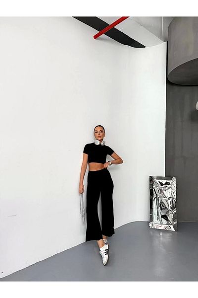 SuQ Osy Modal Soft Textured Fabric Short Sleeve Crop Bottom Flared Leg Pantalon Double Set - Black