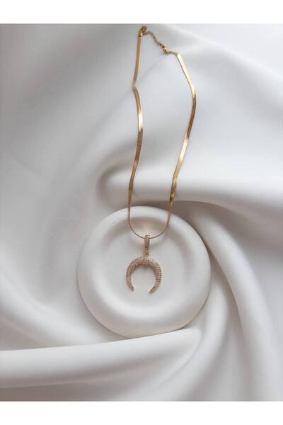 Minne Jewelry-Accessory Crescent Steel Necklace - Steel Italian Crushed Chain Crescent Necklace - Crescent Stone Detailed Necklace