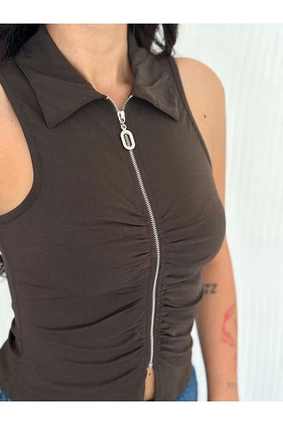 SuQ Collared Full Zipper Tank Top - Brown