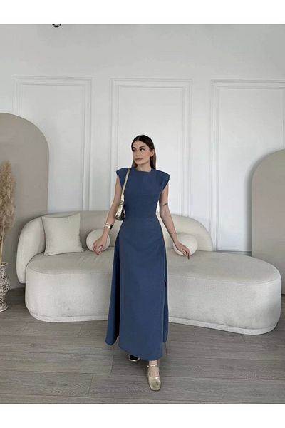 SuQ Linen Side Slit Long Dress Zero Sleeve Dress - Blue