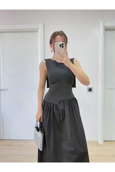 SuQ Crepe Back Wing Back Front Long Women's Dress with Pen Detail - Black