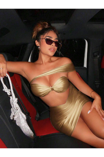 KissBump Altın Deri Etek Büstiyer Takım Gece Kulübü Elbise Gecelik