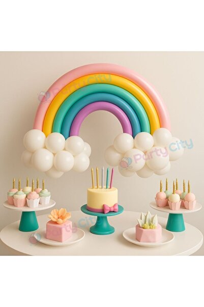Party City Gökkuşağı Balon Süsleme Seti | 6 Renkli Sosis Balon + Mini Bulut Balonlar + Pompa Dahil