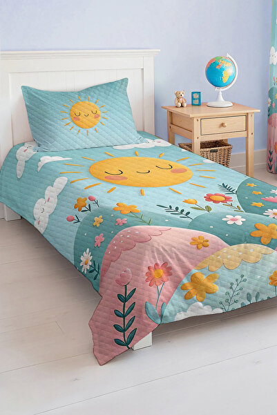 Realhomes مجموعة غطاء سرير بيكيه لغرفة الأطفال والمراهقين بتصميم شمس مبتسم وز...
