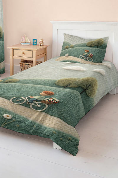 Realhomes Bisiklet ve Bulut Desenli Mint Yeşili Çocuk ve Genç Odası Pike Takı...
