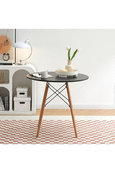 Generic طاولة طعام دائرية 80x80x75 - طاولة قهوة بلاستيكية بأرجل خشبية - أسود