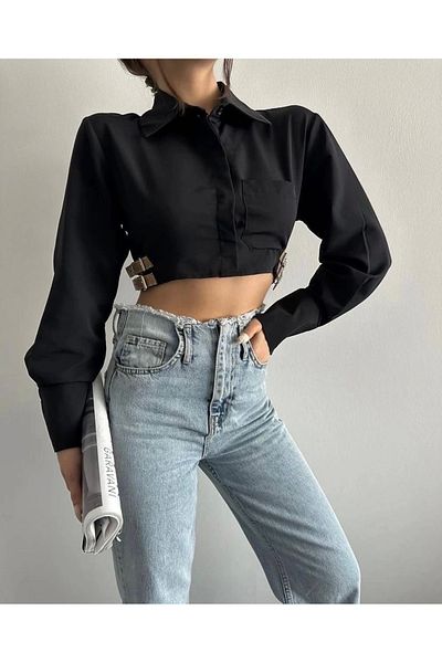 Işıltı kidss Crop Shirt with Belt Detail on the Side Black S4009