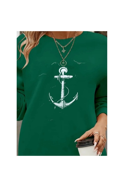 Melek Moda Women's Long Sleeve Crew Neck Print Viscose Two Thread Blouse