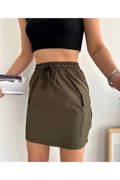 ufukmoda Cargo Pocket Slim Parachute Skirt Khaki S241019