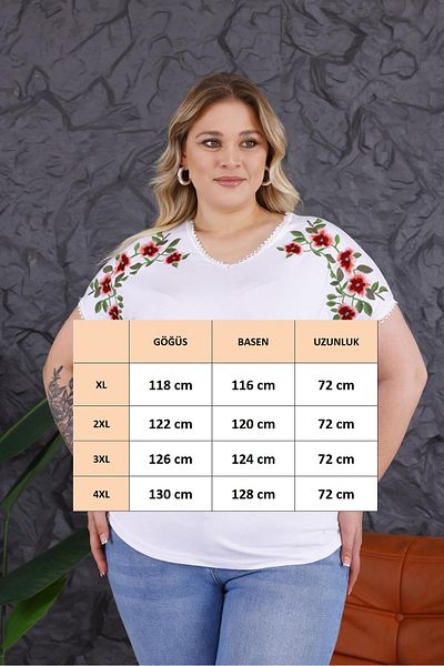 FOR ESRA BIG TREND Women's Plus Size V-Neck Shoulder Flower Embroidery Sleeve Detailed Stretchy Viscose T-Shirt