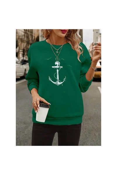 Melek Moda Women's Long Sleeve Crew Neck Print Viscose Two Thread Blouse