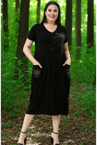 FOR ESRA BIG TREND Rochie de damă, mărime mare, buzunare frontale, cu imprimeu floral, cu decolteu în V, cu mâneci scurte, din viscoză elastică