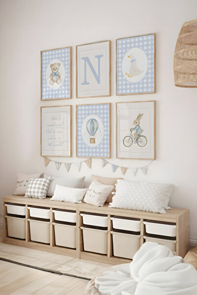 Home 6'lı İsime Özel Tasarım Tablo Seti, Çocuk Odası Tablo, Doğal Ahşap Çerçe...