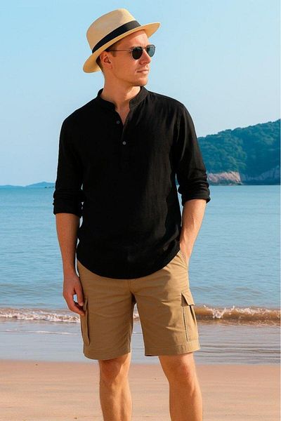modamtn Men's Long Sleeve Judge Collar Buttoned Men's Muslim Shirt
