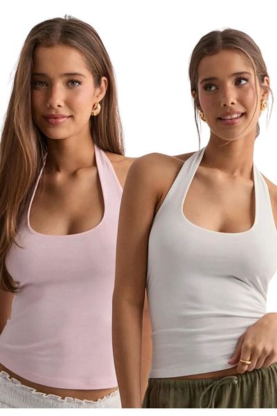 World Fashion Trends Double Pink and White Halter Neck Crop Top Body