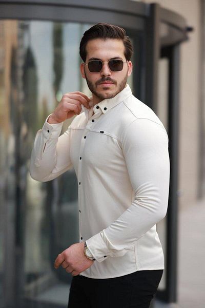 modamtn Men's Snap Button Buttoned Stitching Detailed Long Sleeve Shirt